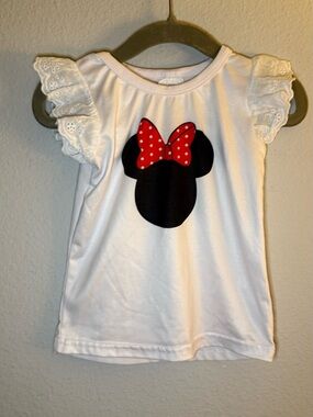 Girls' White Tee with Black Minnie Mouse Silhouette and Red Polka Dot Bow